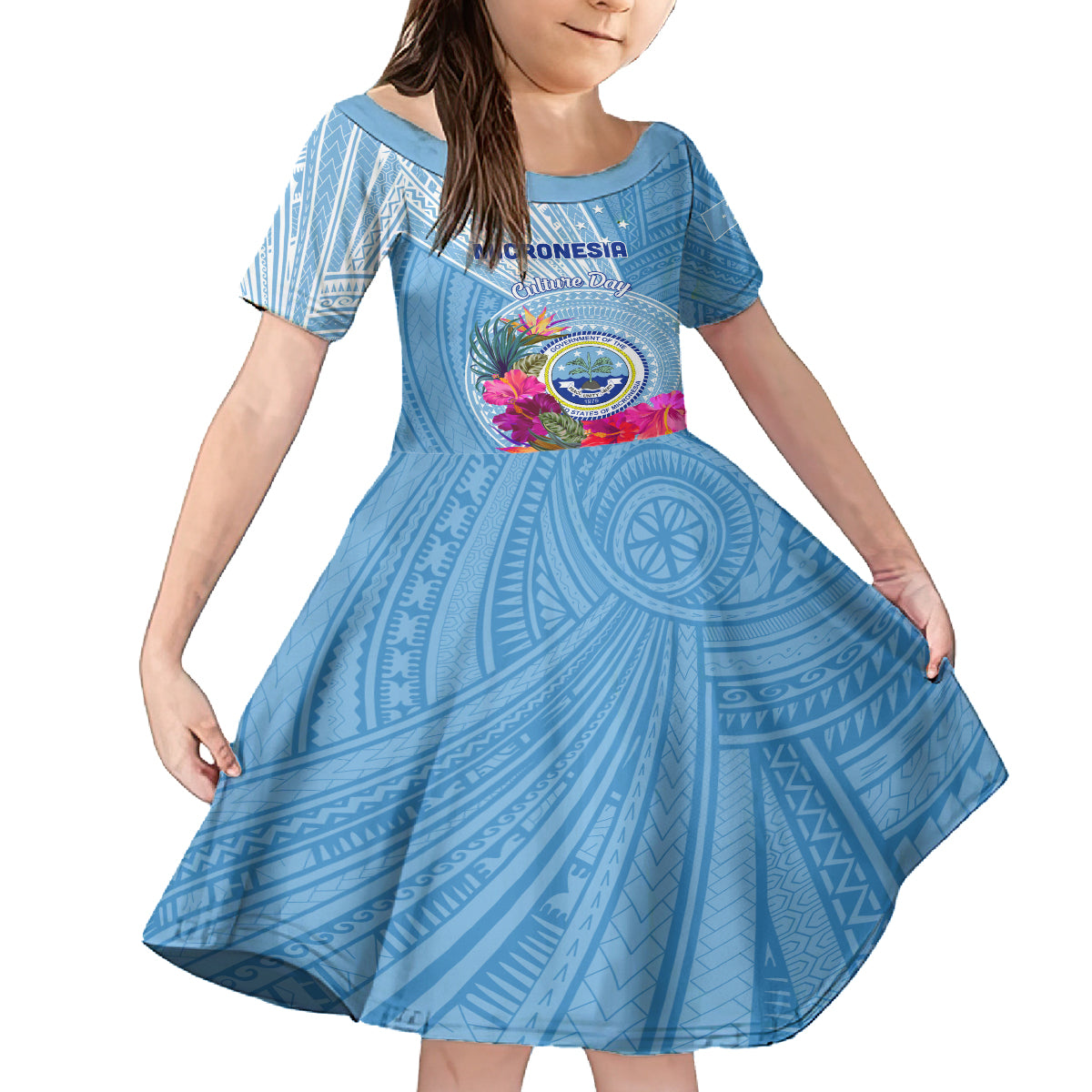 Micronesia Culture Day Family Matching Tank Maxi Dress and Hawaiian Shirt Tribal Pattern Tropical Style LT01 Daughter's Dress Blue - Polynesian Pride