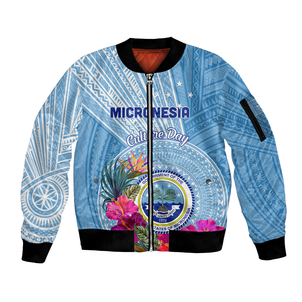 Micronesia Culture Day Sleeve Zip Bomber Jacket Tribal Pattern Tropical Style LT01 Unisex Blue - Polynesian Pride