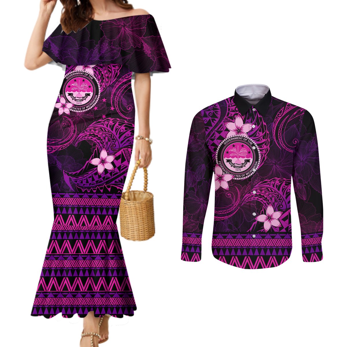 FSM Culture Day Couples Matching Mermaid Dress and Long Sleeve Button Shirt Tribal Pattern Pink Version LT01 Pink - Polynesian Pride
