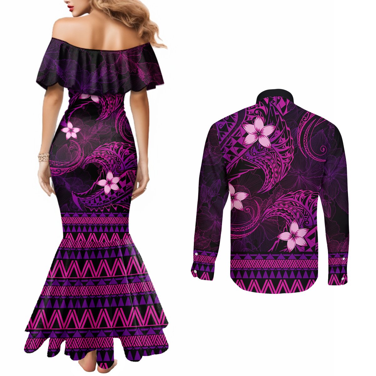 FSM Culture Day Couples Matching Mermaid Dress and Long Sleeve Button Shirt Tribal Pattern Pink Version LT01 - Polynesian Pride