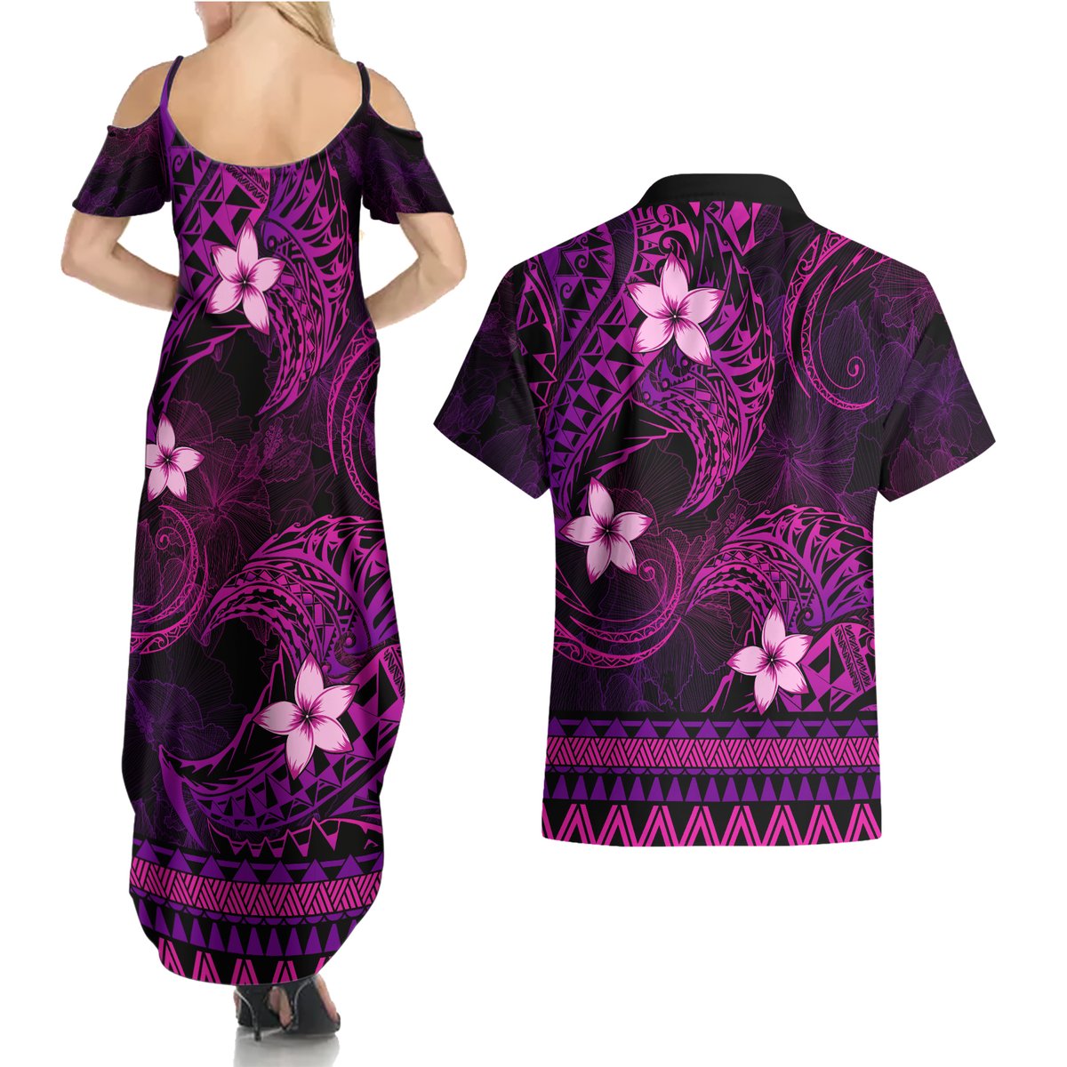 FSM Culture Day Couples Matching Summer Maxi Dress and Hawaiian Shirt Tribal Pattern Pink Version LT01 - Polynesian Pride