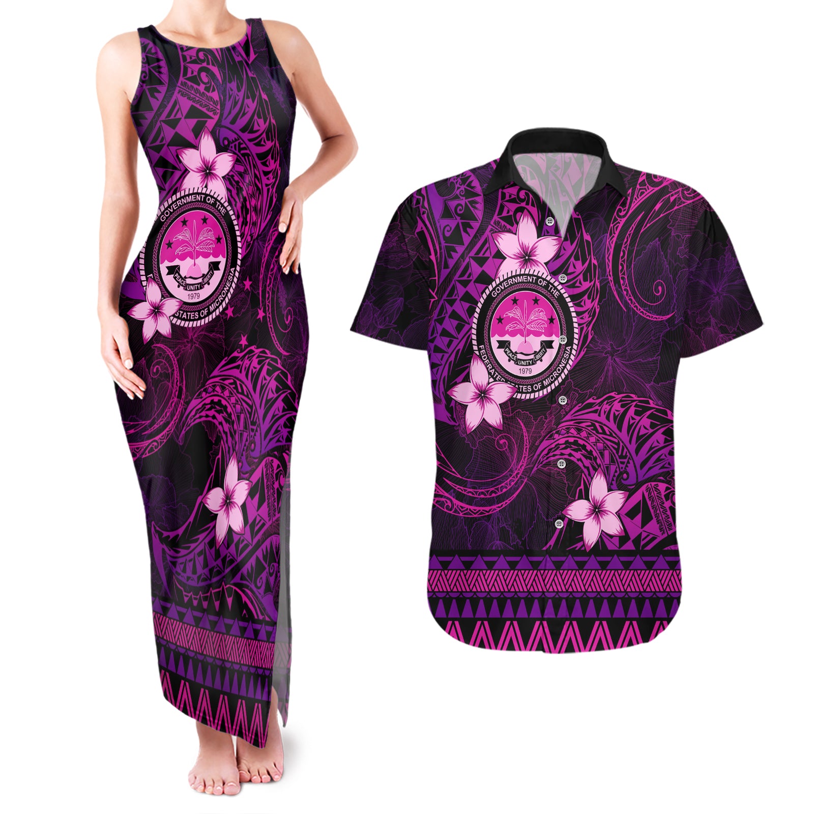 FSM Culture Day Couples Matching Tank Maxi Dress and Hawaiian Shirt Tribal Pattern Pink Version LT01 Pink - Polynesian Pride