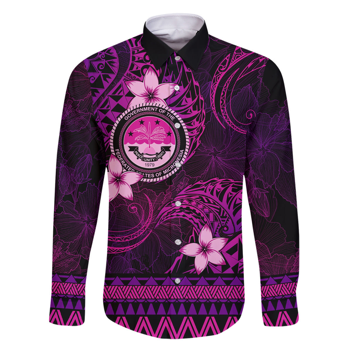 FSM Culture Day Family Matching Off Shoulder Short Dress and Hawaiian Shirt Tribal Pattern Pink Version LT01 Dad's Shirt - Long Sleeve Pink - Polynesian Pride