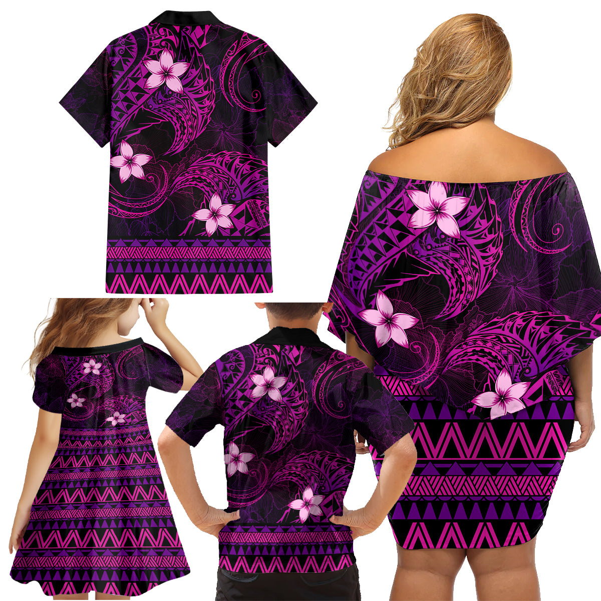 FSM Chuuk State Family Matching Off Shoulder Short Dress and Hawaiian Shirt Tribal Pattern Pink Version LT01 - Polynesian Pride