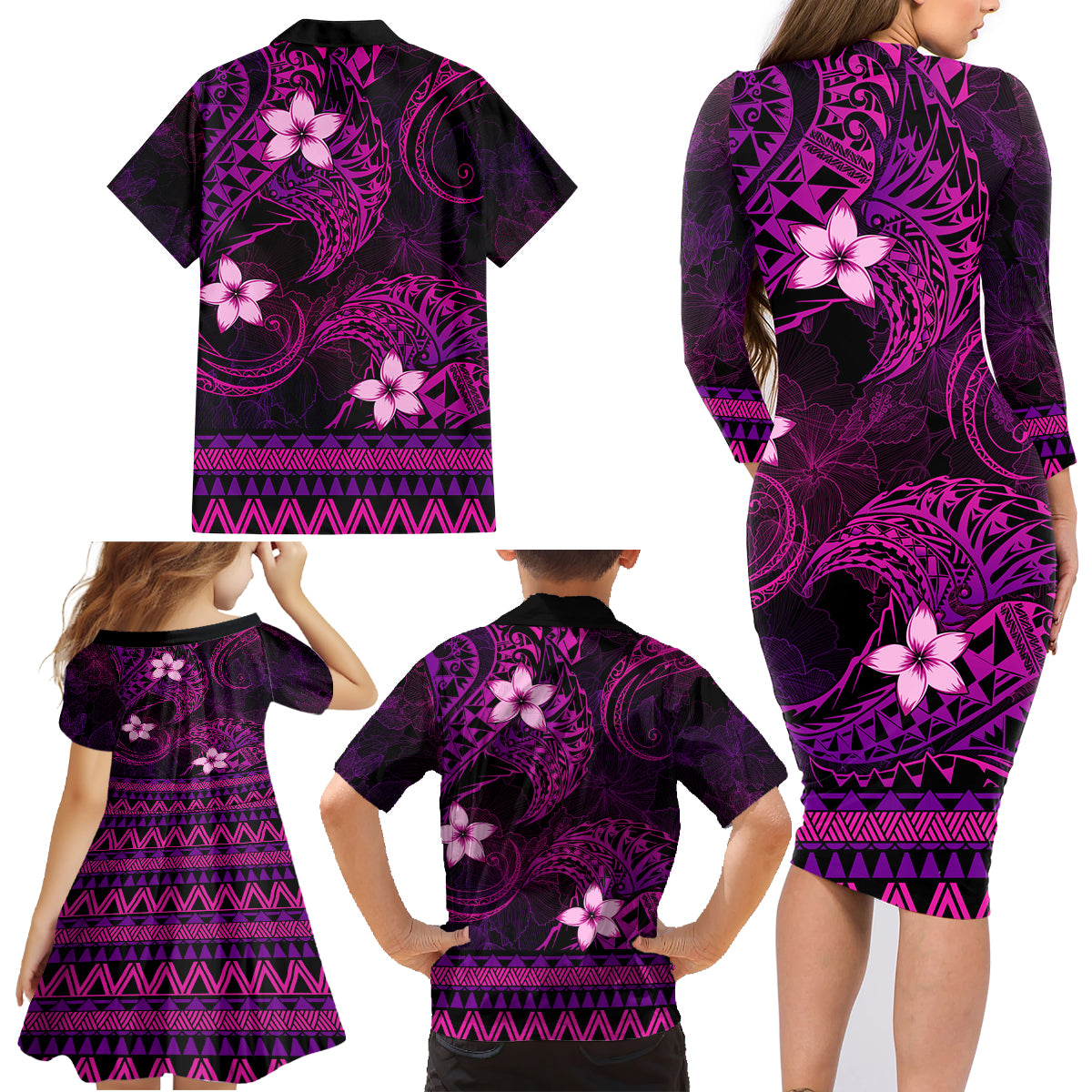 FSM Kosrae State Family Matching Long Sleeve Bodycon Dress and Hawaiian Shirt Tribal Pattern Pink Version LT01 - Polynesian Pride