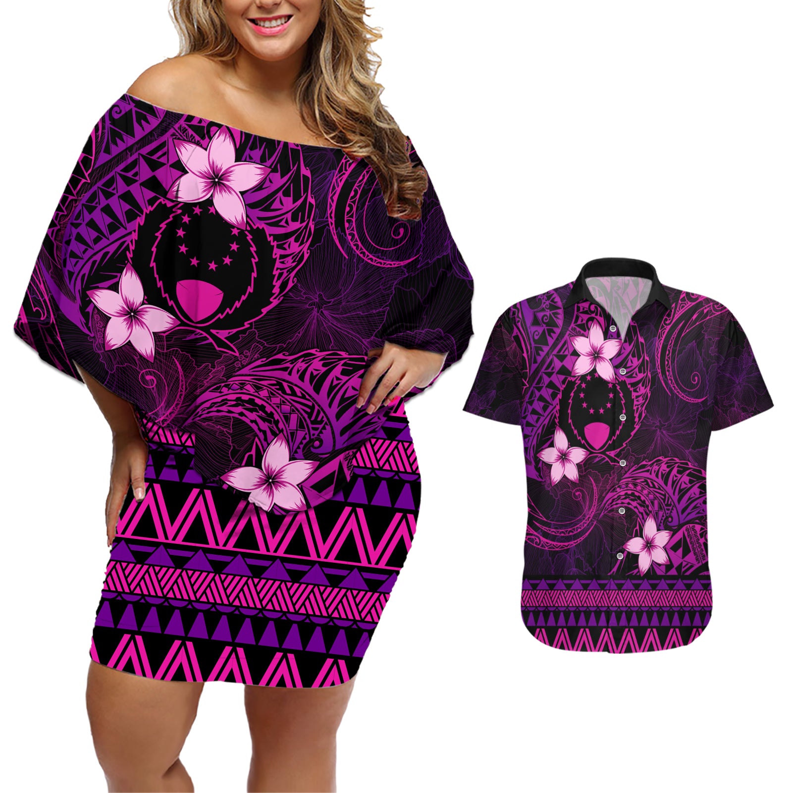 FSM Pohnpei State Couples Matching Off Shoulder Short Dress and Hawaiian Shirt Tribal Pattern Pink Version LT01 Pink - Polynesian Pride