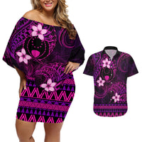 FSM Pohnpei State Couples Matching Off Shoulder Short Dress and Hawaiian Shirt Tribal Pattern Pink Version LT01 Pink - Polynesian Pride