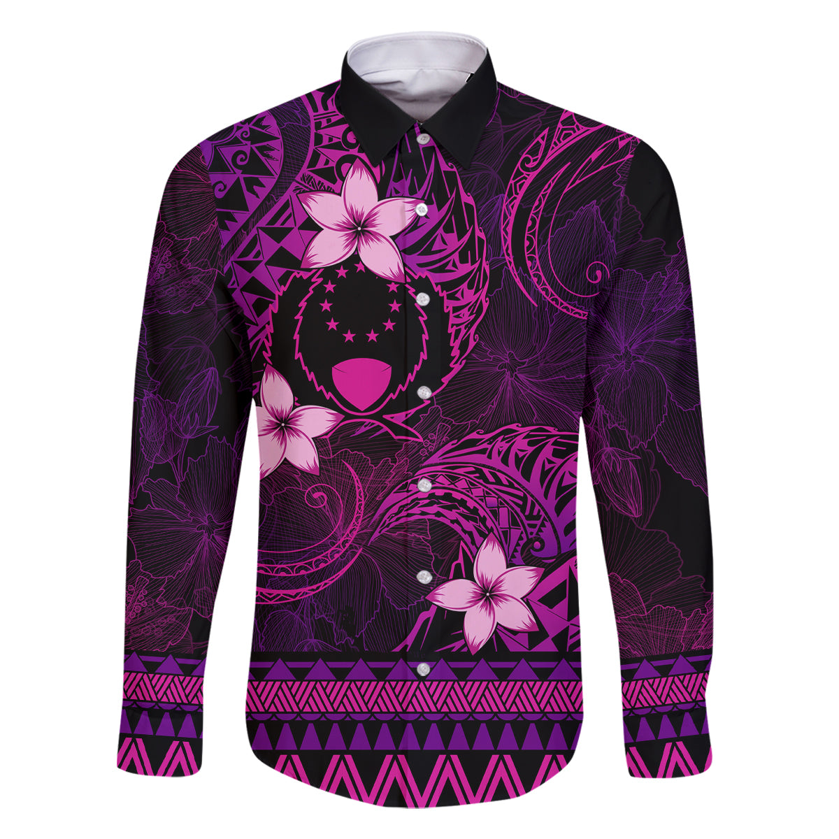 FSM Pohnpei State Family Matching Summer Maxi Dress and Hawaiian Shirt Tribal Pattern Pink Version LT01 Dad's Shirt - Long Sleeve Pink - Polynesian Pride