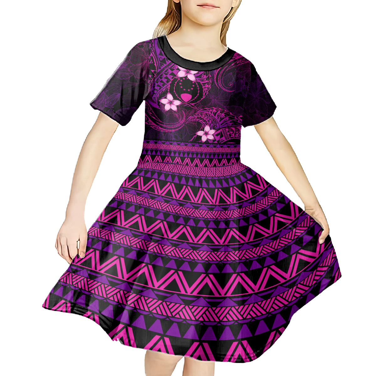 FSM Pohnpei State Kid Short Sleeve Dress Tribal Pattern Pink Version LT01 - Polynesian Pride