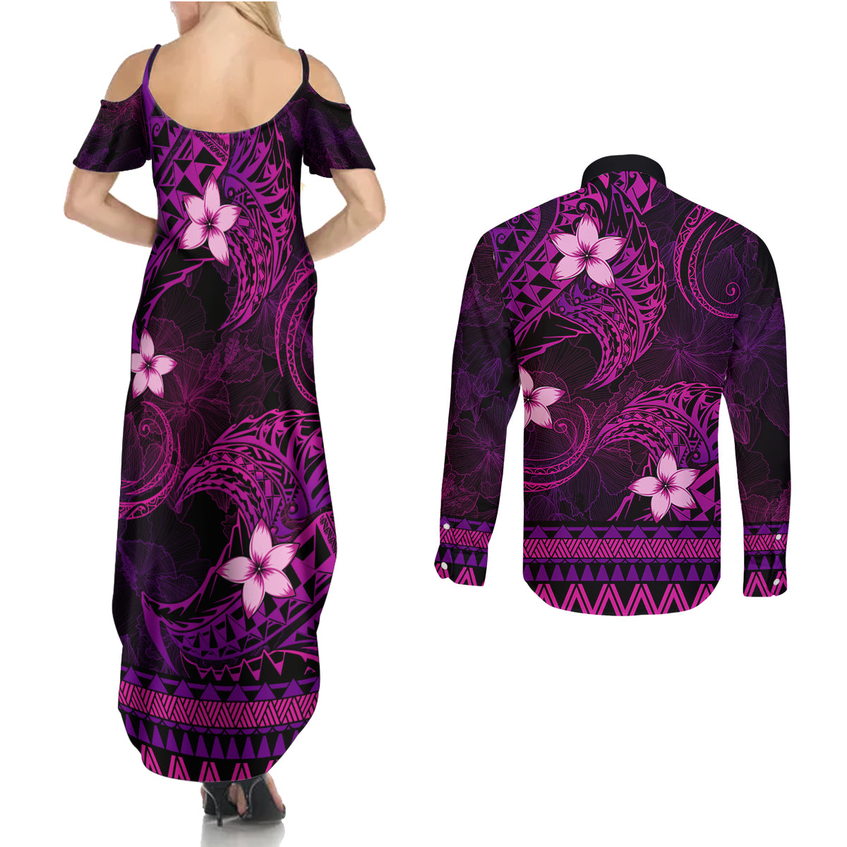 FSM Yap State Couples Matching Summer Maxi Dress and Long Sleeve Button Shirt Tribal Pattern Pink Version LT01 - Polynesian Pride