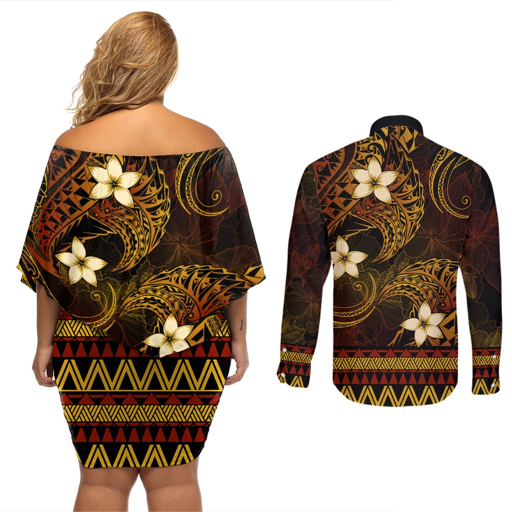 FSM Culture Day Couples Matching Off Shoulder Short Dress and Long Sleeve Button Shirt Tribal Pattern Gold Version LT01 - Polynesian Pride