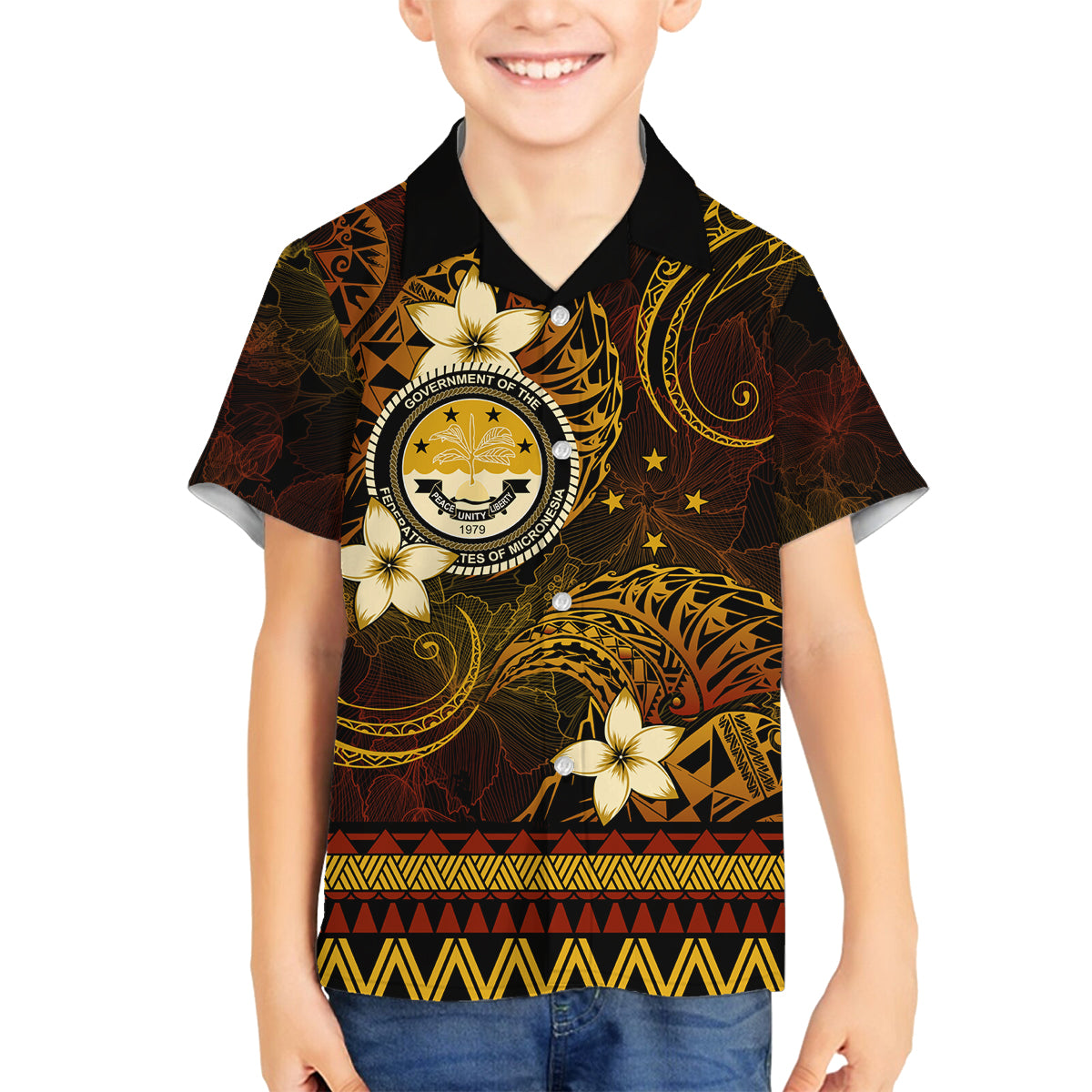 FSM Culture Day Family Matching Off Shoulder Maxi Dress and Hawaiian Shirt Tribal Pattern Gold Version LT01 Son's Shirt Gold - Polynesian Pride