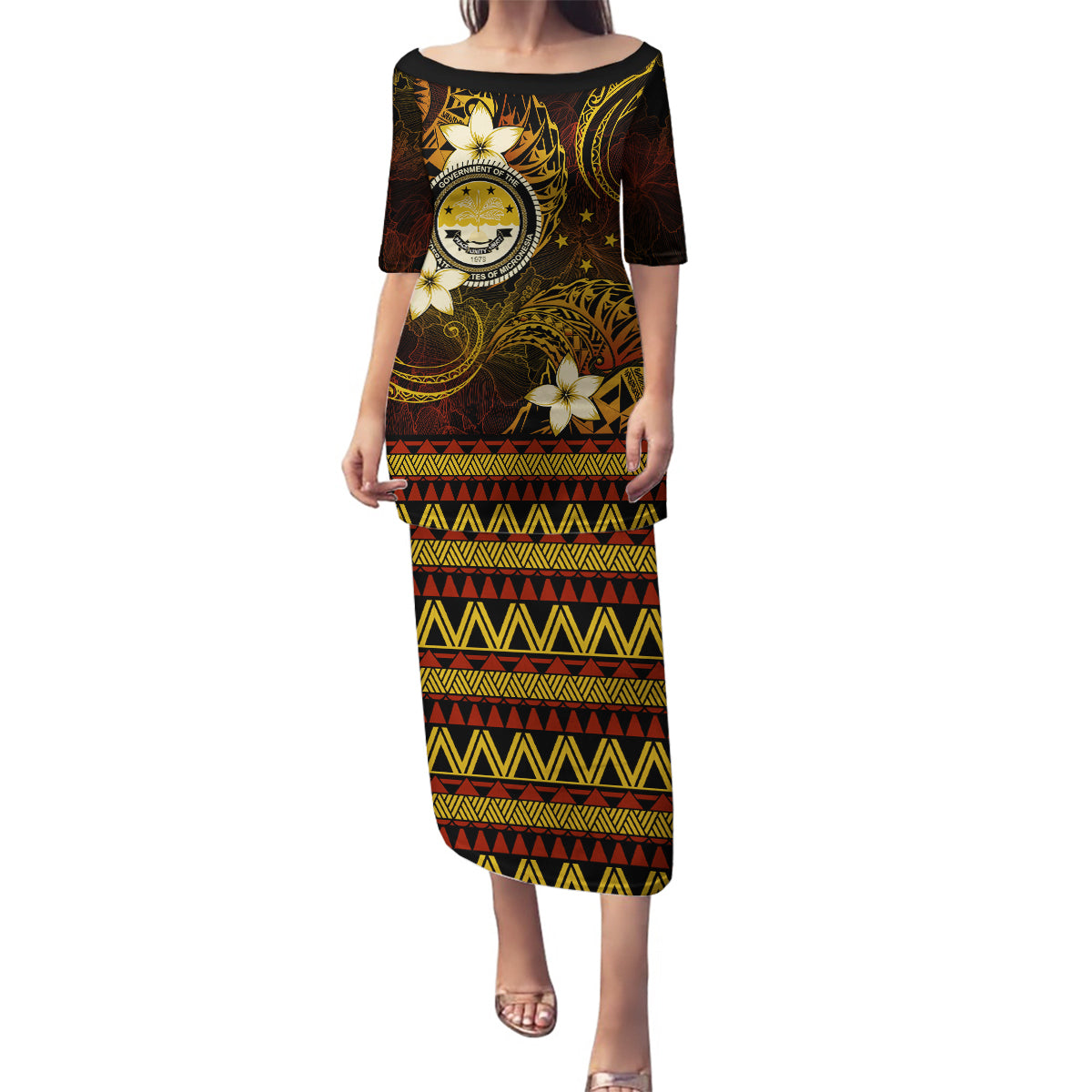 FSM Culture Day Family Matching Puletasi and Hawaiian Shirt Tribal Pattern Gold Version LT01 Mom's Dress Gold - Polynesian Pride