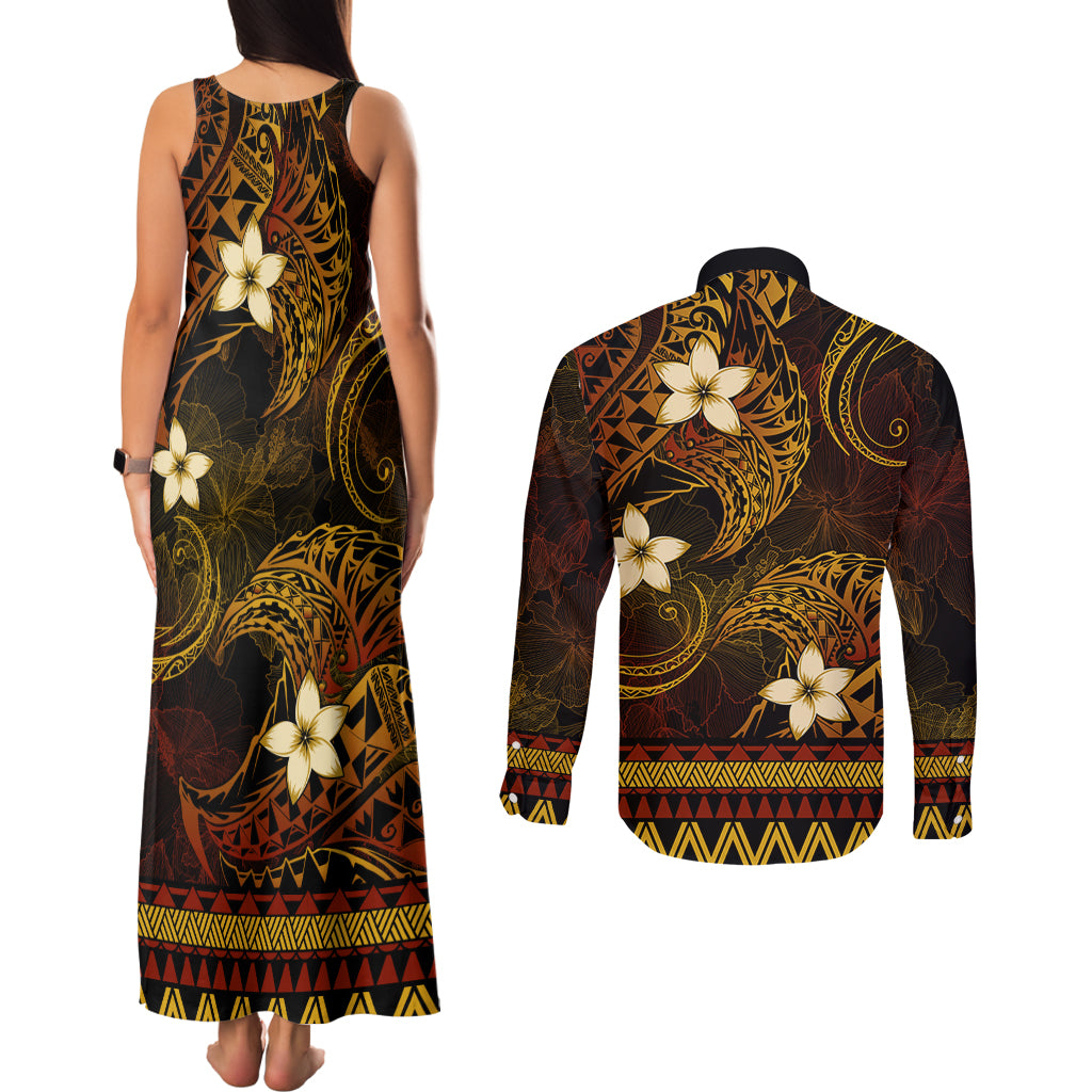 FSM Chuuk State Couples Matching Tank Maxi Dress and Long Sleeve Button Shirt Tribal Pattern Gold Version LT01 - Polynesian Pride