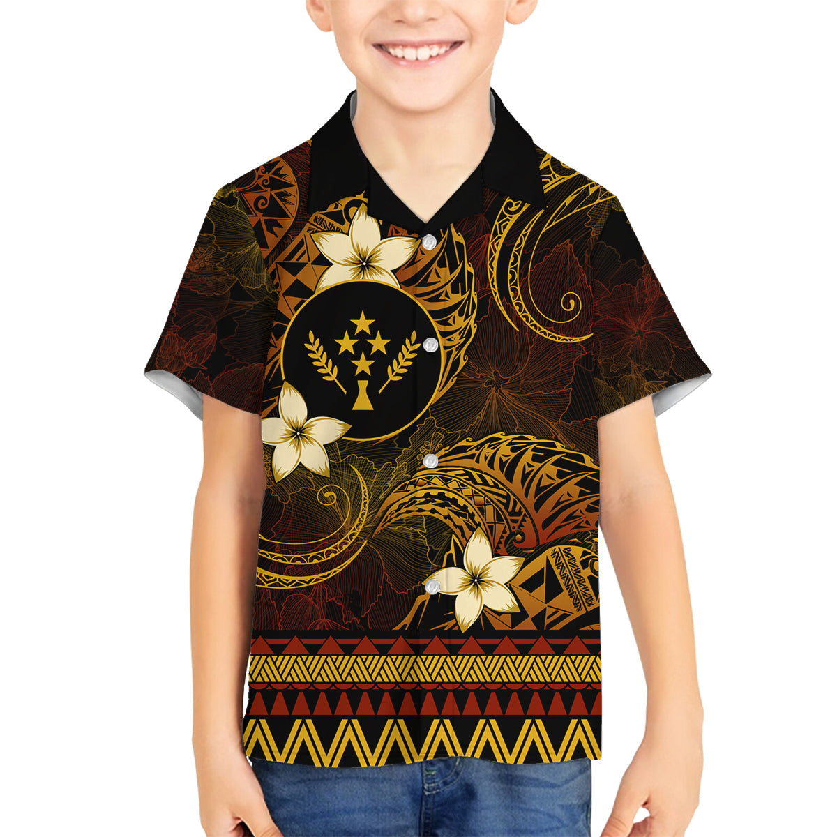 FSM Kosrae State Family Matching Off Shoulder Maxi Dress and Hawaiian Shirt Tribal Pattern Gold Version LT01 Son's Shirt Gold - Polynesian Pride