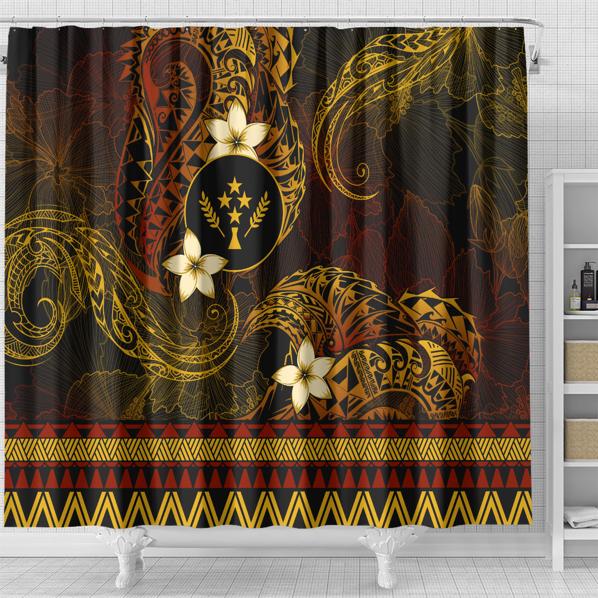 FSM Kosrae State Shower Curtain Tribal Pattern Gold Version LT01 - Polynesian Pride