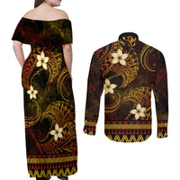 FSM Pohnpei State Couples Matching Off Shoulder Maxi Dress and Long Sleeve Button Shirt Tribal Pattern Gold Version LT01 - Polynesian Pride