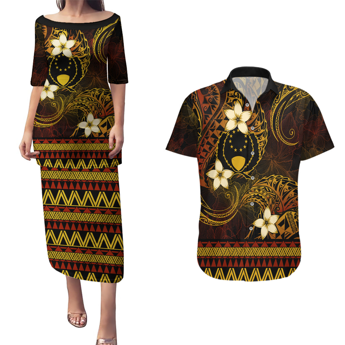 FSM Pohnpei State Couples Matching Puletasi and Hawaiian Shirt Tribal Pattern Gold Version LT01 Gold - Polynesian Pride