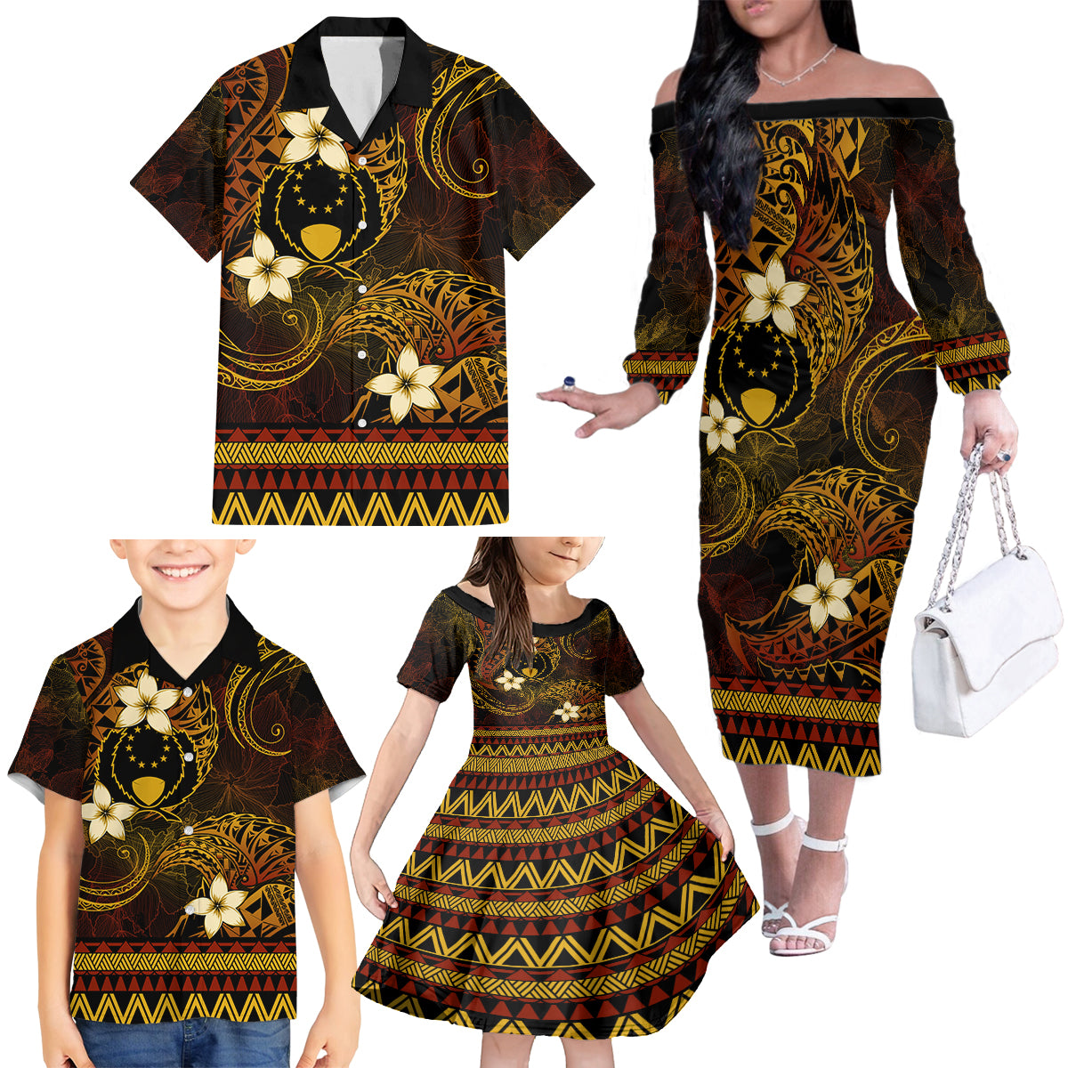 FSM Pohnpei State Family Matching Off Shoulder Long Sleeve Dress and Hawaiian Shirt Tribal Pattern Gold Version LT01 - Polynesian Pride