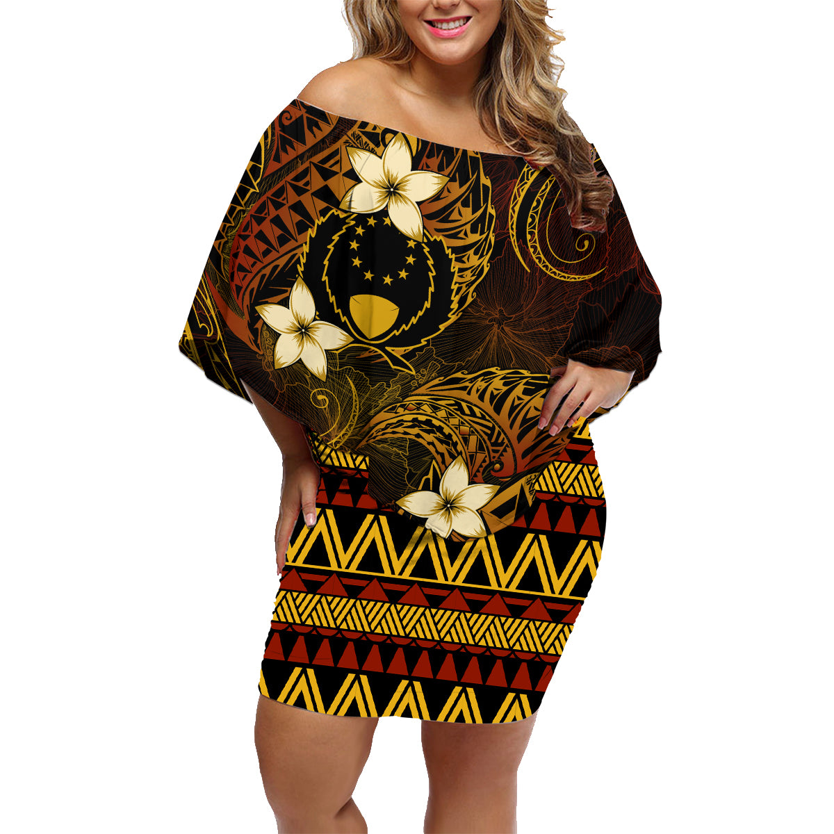 FSM Pohnpei State Family Matching Off Shoulder Short Dress and Hawaiian Shirt Tribal Pattern Gold Version LT01 Mom's Dress Gold - Polynesian Pride