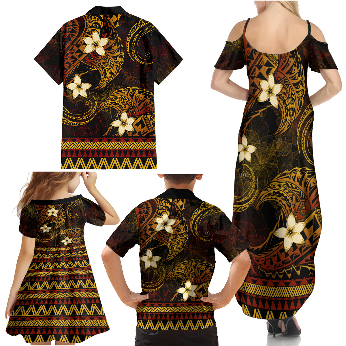 FSM Pohnpei State Family Matching Summer Maxi Dress and Hawaiian Shirt Tribal Pattern Gold Version LT01 - Polynesian Pride