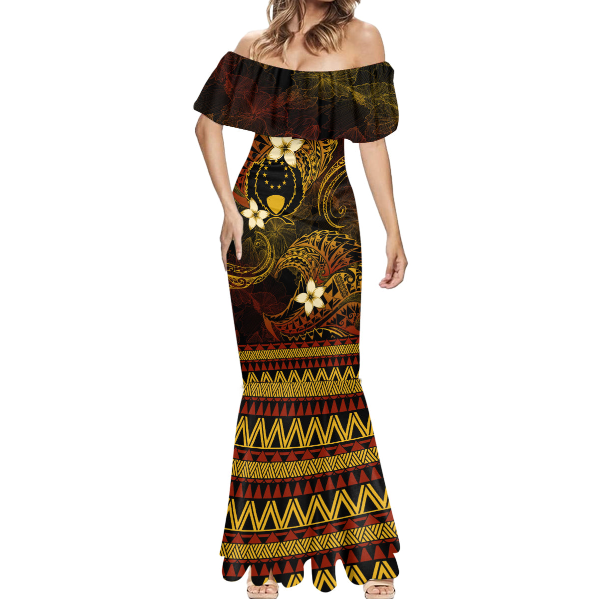 FSM Pohnpei State Mermaid Dress Tribal Pattern Gold Version LT01 - Polynesian Pride