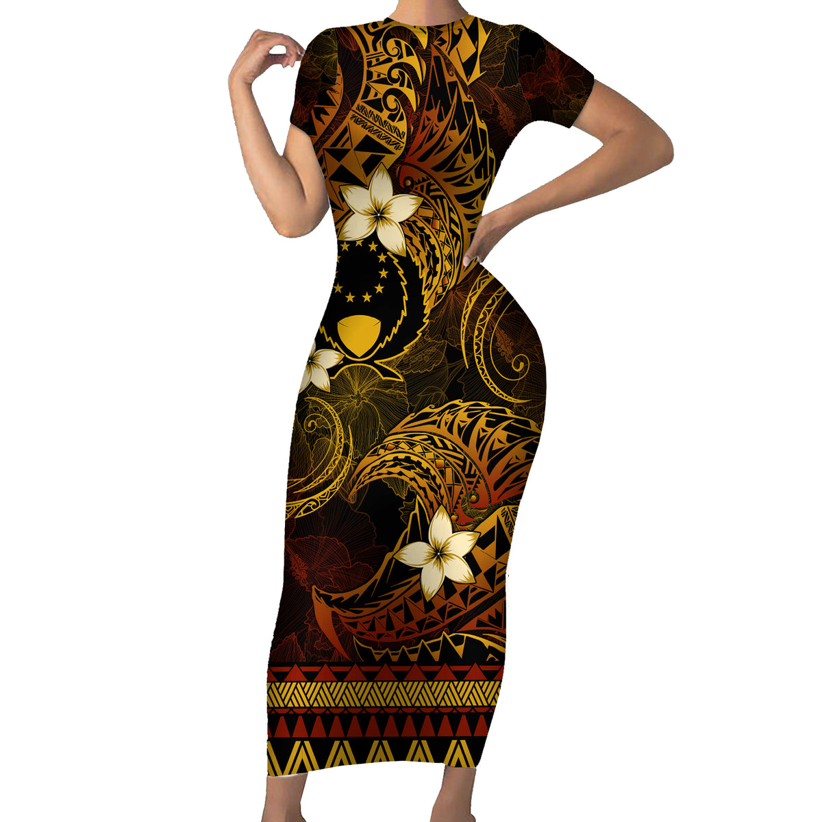 FSM Pohnpei State Short Sleeve Bodycon Dress Tribal Pattern Gold Version LT01 Long Dress Gold - Polynesian Pride