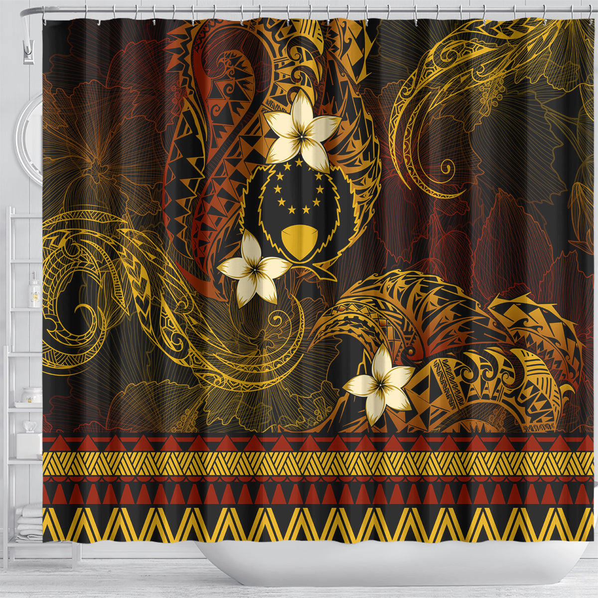 FSM Pohnpei State Shower Curtain Tribal Pattern Gold Version