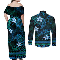 FSM Culture Day Couples Matching Off Shoulder Maxi Dress and Long Sleeve Button Shirt Tribal Pattern Ocean Version LT01 - Polynesian Pride