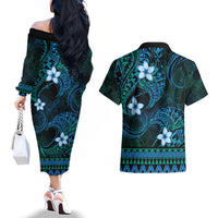 FSM Culture Day Couples Matching Off The Shoulder Long Sleeve Dress and Hawaiian Shirt Tribal Pattern Ocean Version LT01 - Polynesian Pride