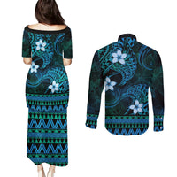 FSM Culture Day Couples Matching Puletasi and Long Sleeve Button Shirt Tribal Pattern Ocean Version LT01 - Polynesian Pride