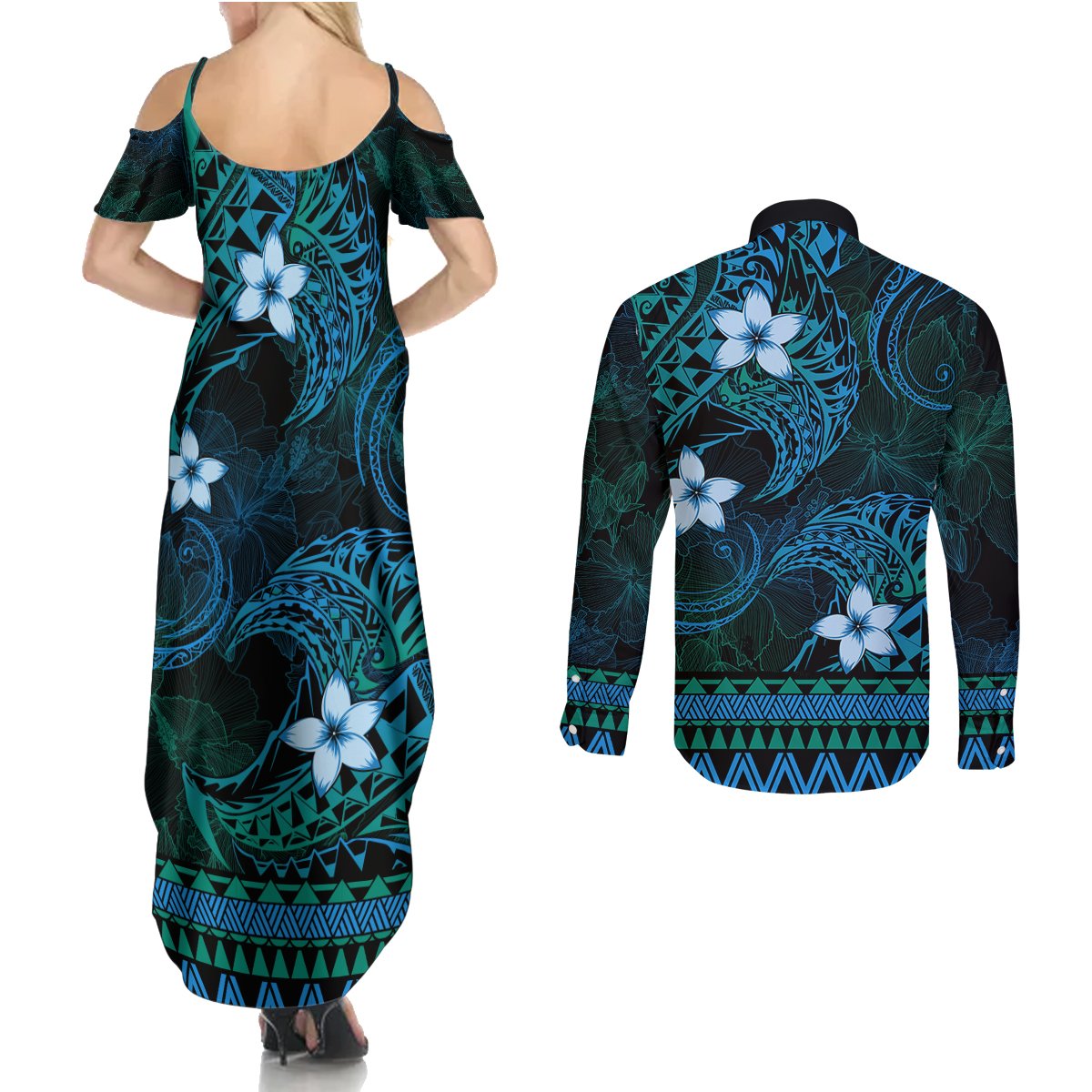 FSM Culture Day Couples Matching Summer Maxi Dress and Long Sleeve Button Shirt Tribal Pattern Ocean Version LT01 - Polynesian Pride