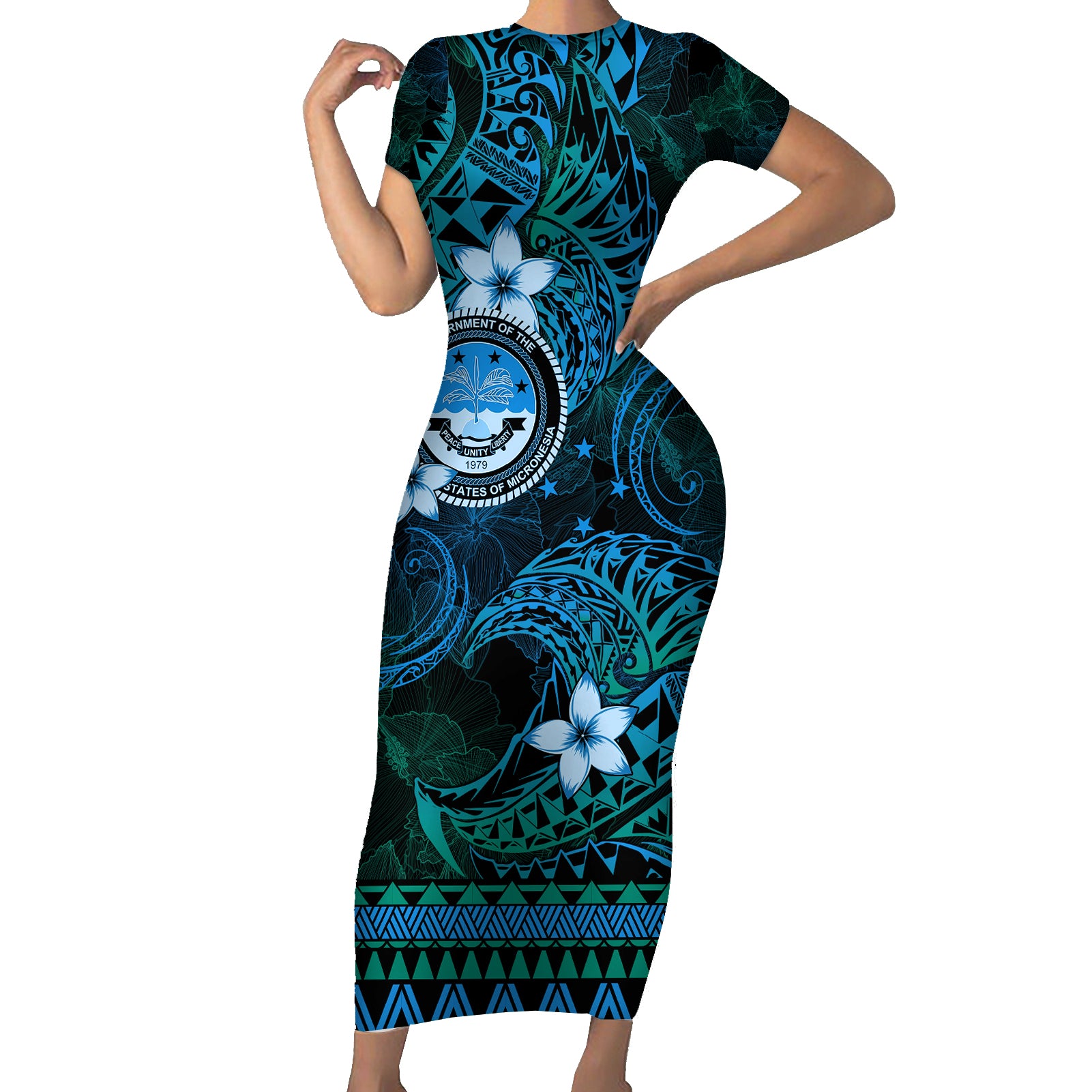 FSM Culture Day Short Sleeve Bodycon Dress Tribal Pattern Ocean Version LT01 Long Dress Blue - Polynesian Pride