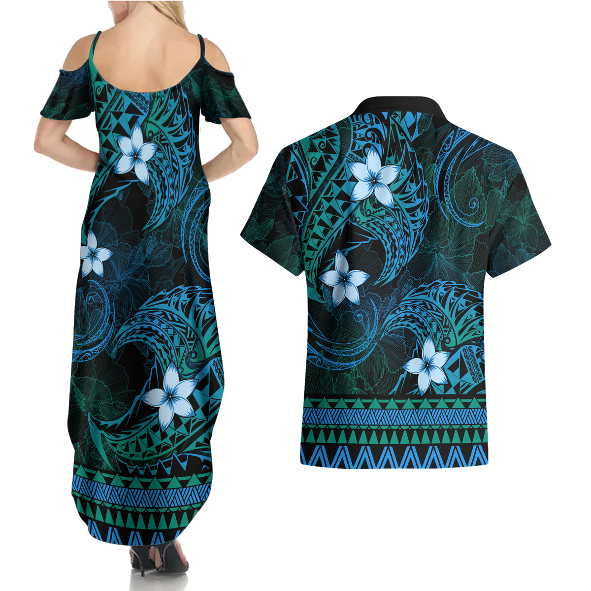 FSM Chuuk State Couples Matching Summer Maxi Dress and Hawaiian Shirt Tribal Pattern Ocean Version LT01 - Polynesian Pride