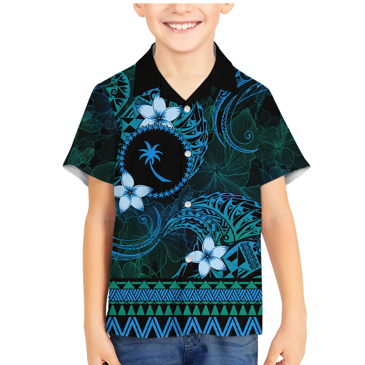 FSM Chuuk State Family Matching Mermaid Dress and Hawaiian Shirt Tribal Pattern Ocean Version LT01 Son's Shirt Blue - Polynesian Pride