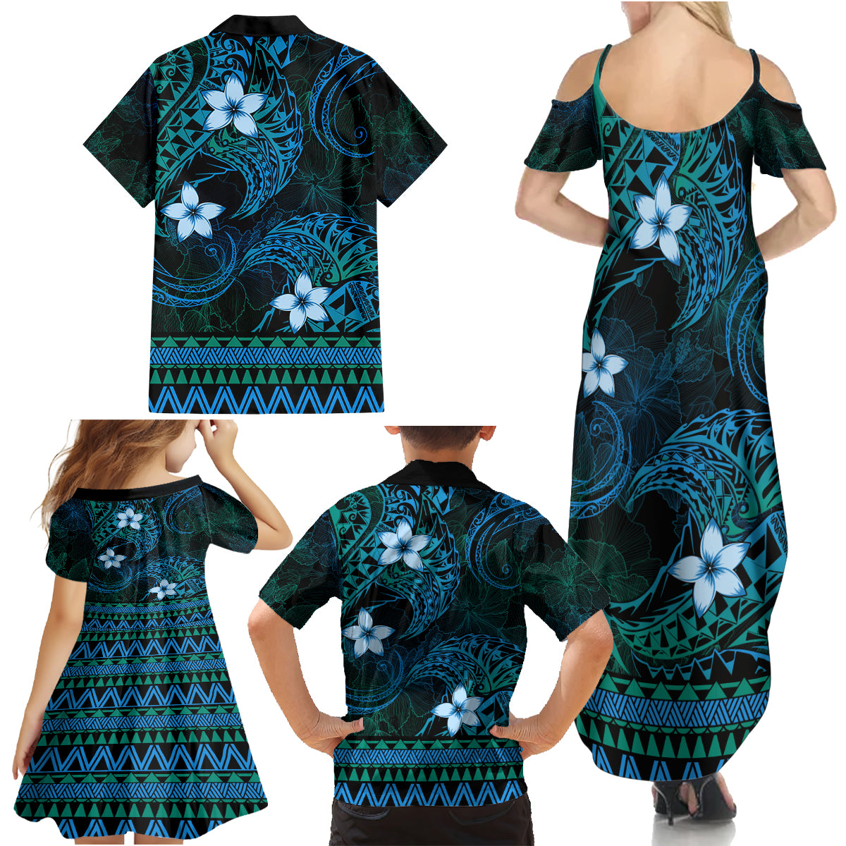 FSM Chuuk State Family Matching Summer Maxi Dress and Hawaiian Shirt Tribal Pattern Ocean Version LT01 - Polynesian Pride