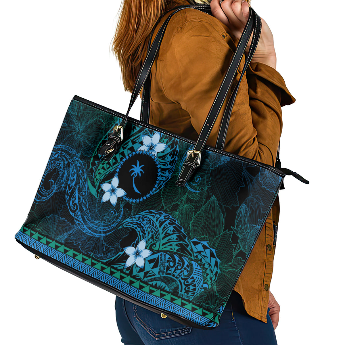 FSM Chuuk State Leather Tote Bag Tribal Pattern Ocean Version