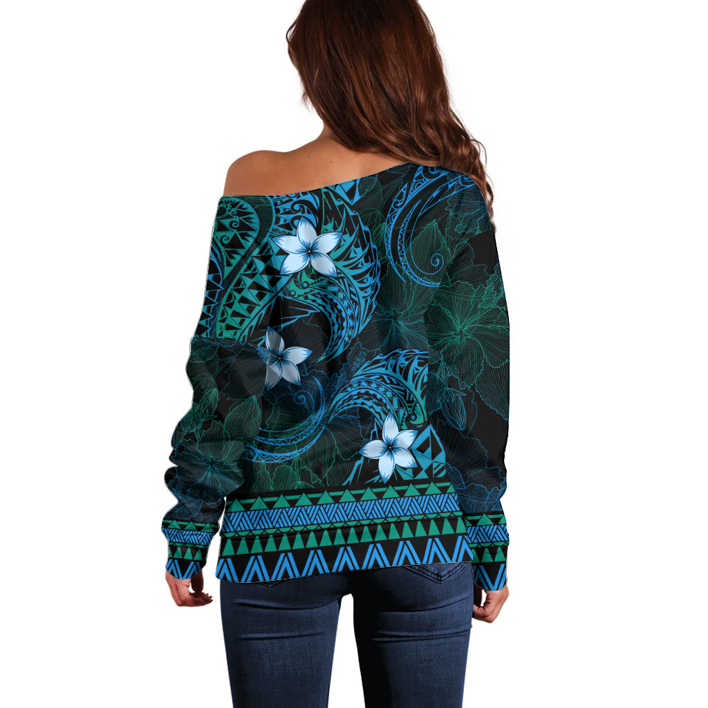 FSM Chuuk State Off Shoulder Sweater Tribal Pattern Ocean Version LT01 - Polynesian Pride