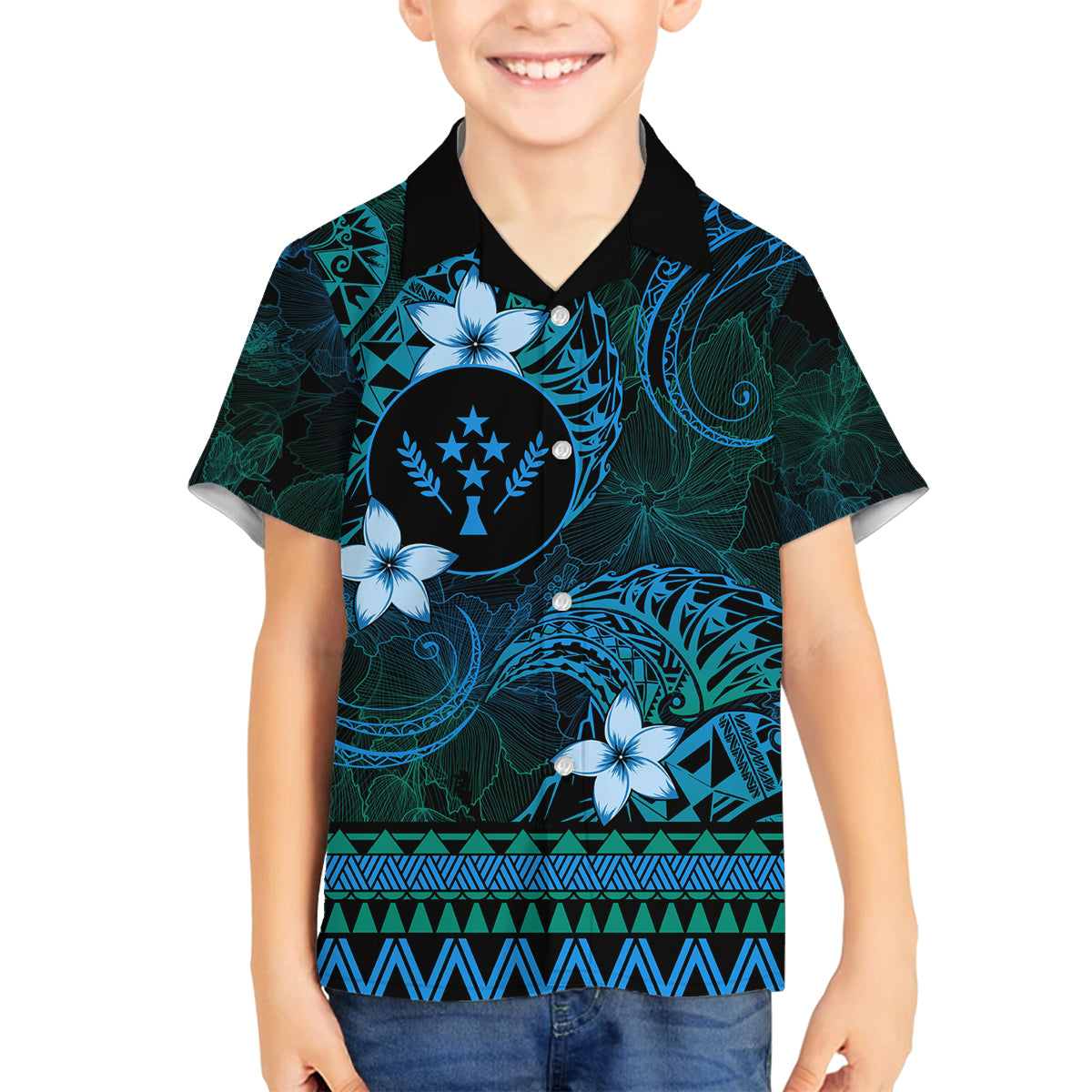 FSM Kosrae State Family Matching Off Shoulder Long Sleeve Dress and Hawaiian Shirt Tribal Pattern Ocean Version LT01 Son's Shirt Blue - Polynesian Pride