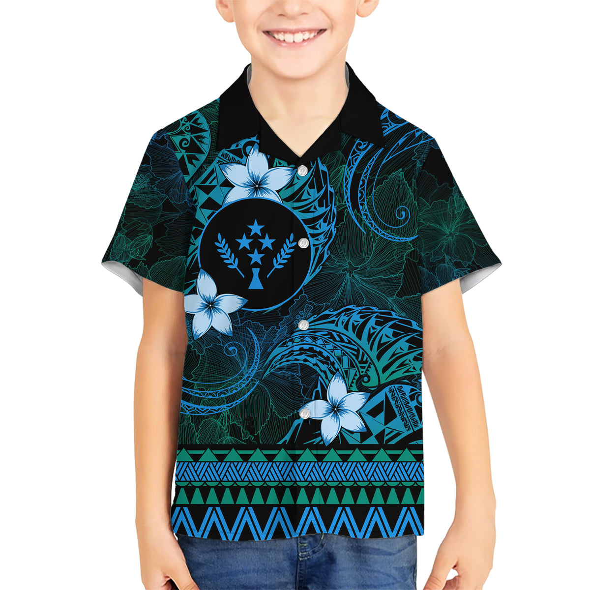 FSM Kosrae State Family Matching Short Sleeve Bodycon Dress and Hawaiian Shirt Tribal Pattern Ocean Version LT01 Son's Shirt Blue - Polynesian Pride