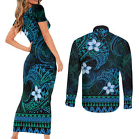 FSM Pohnpei State Couples Matching Short Sleeve Bodycon Dress and Long Sleeve Button Shirt Tribal Pattern Ocean Version LT01 - Polynesian Pride