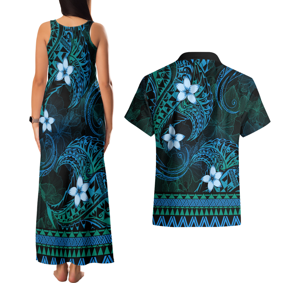 FSM Pohnpei State Couples Matching Tank Maxi Dress and Hawaiian Shirt Tribal Pattern Ocean Version LT01 - Polynesian Pride