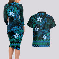 FSM Yap State Couples Matching Long Sleeve Bodycon Dress and Hawaiian Shirt Tribal Pattern Ocean Version LT01 - Polynesian Pride