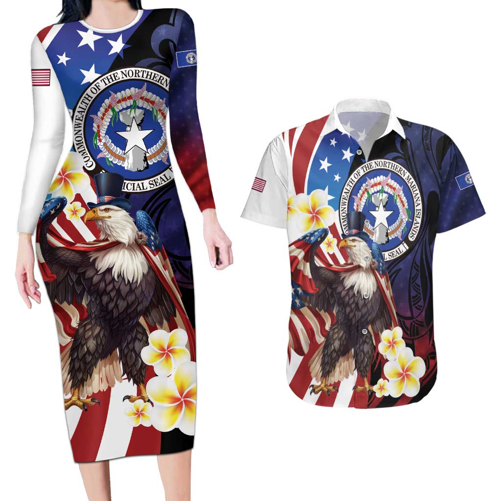 Personalized Northern Mariana Islands 4th of July Couples Matching Long Sleeve Bodycon Dress and Hawaiian Shirt Plumeria USA Eagle