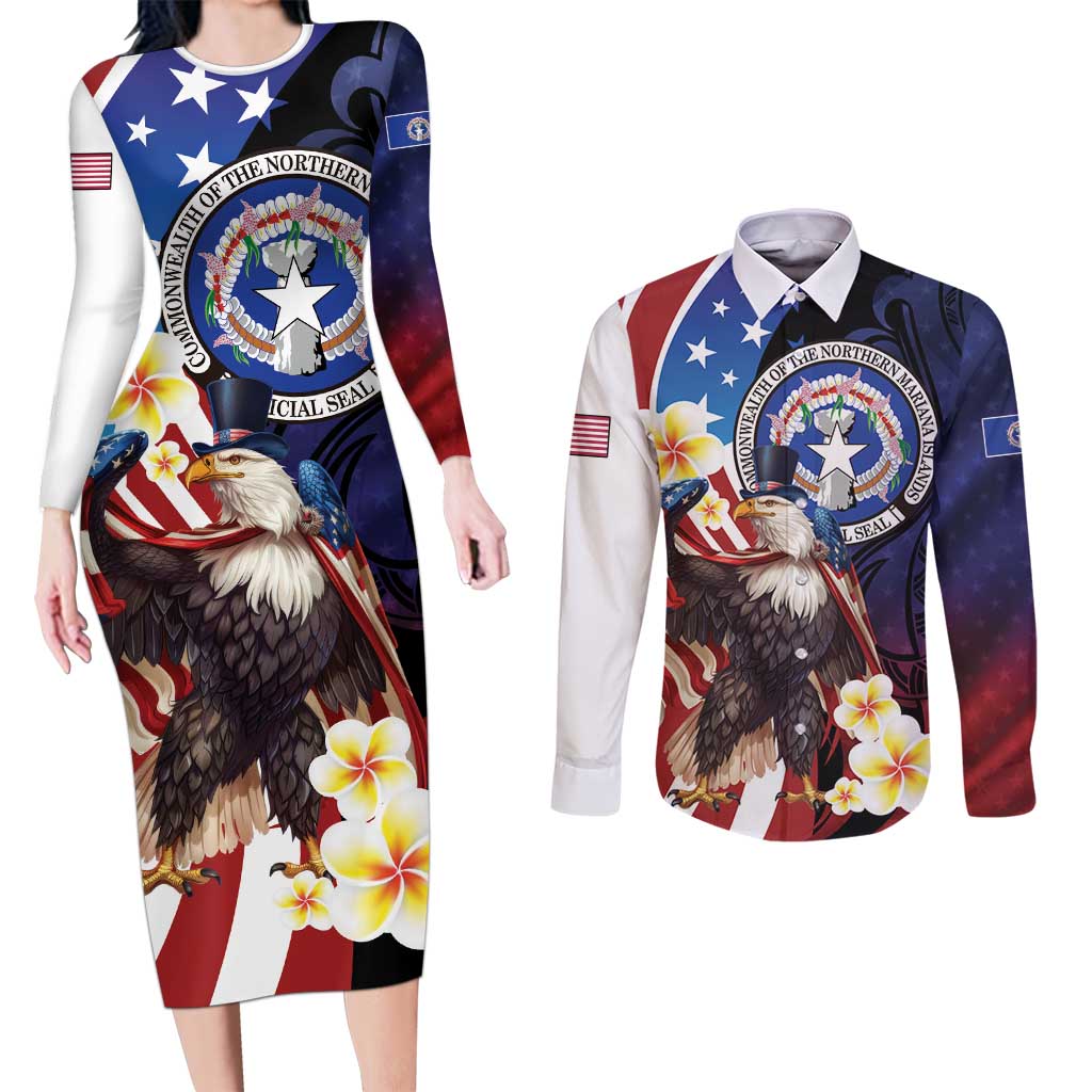 Personalized Northern Mariana Islands 4th of July Couples Matching Long Sleeve Bodycon Dress and Long Sleeve Button Shirt Plumeria USA Eagle