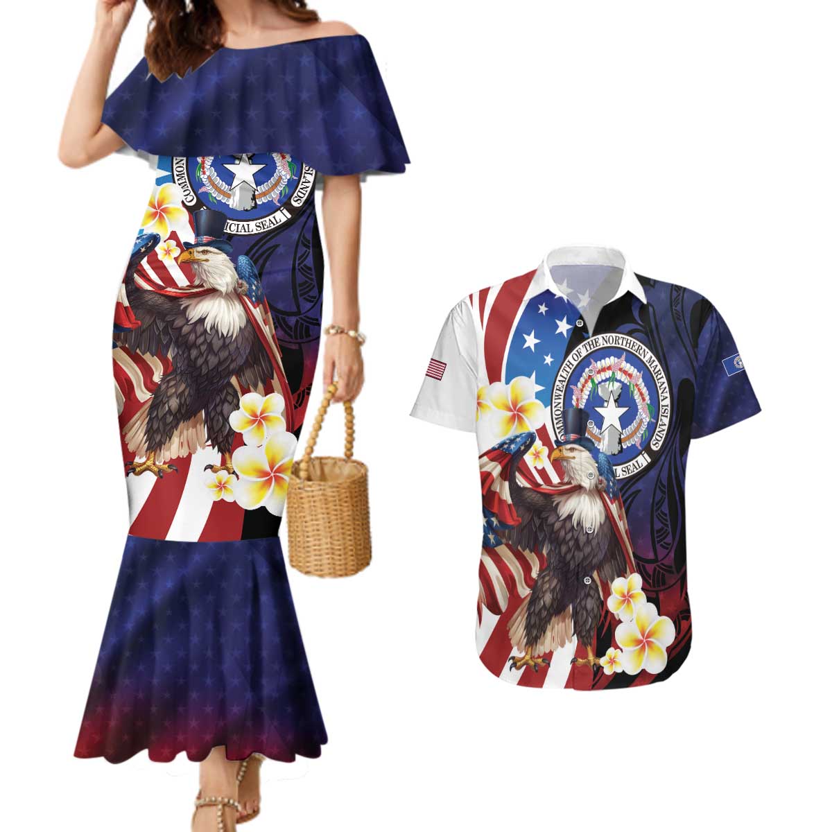 Personalized Northern Mariana Islands 4th of July Couples Matching Mermaid Dress and Hawaiian Shirt Plumeria USA Eagle