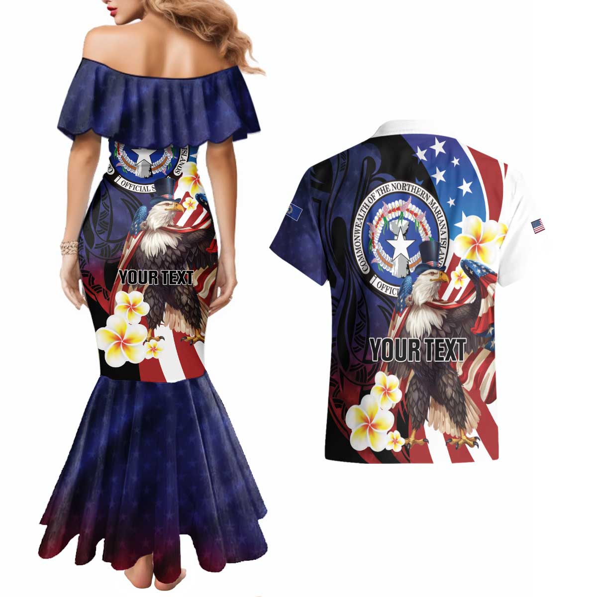 Personalized Northern Mariana Islands 4th of July Couples Matching Mermaid Dress and Hawaiian Shirt Plumeria USA Eagle