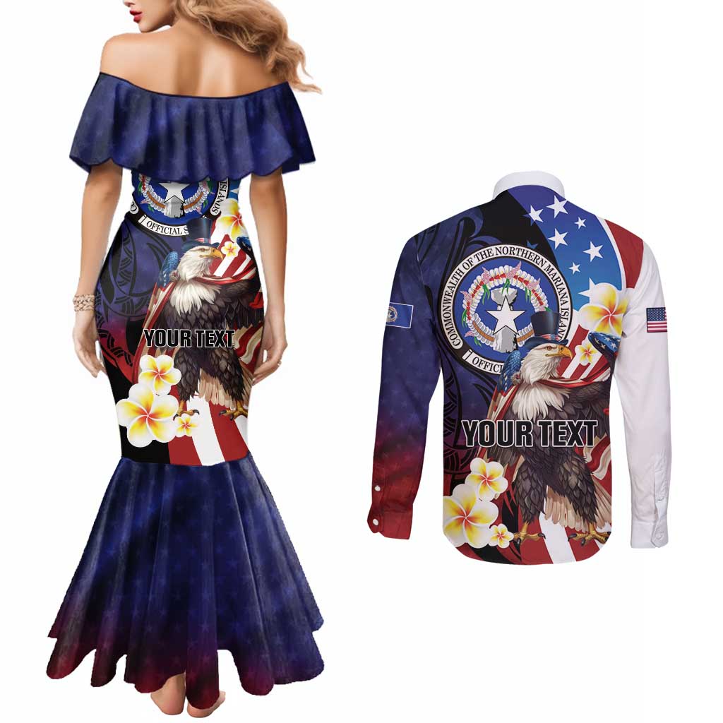 Personalized Northern Mariana Islands 4th of July Couples Matching Mermaid Dress and Long Sleeve Button Shirt Plumeria USA Eagle