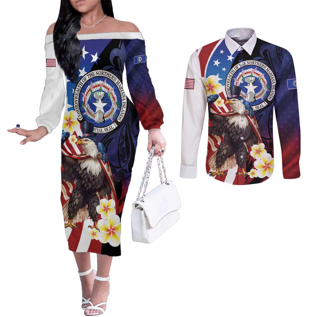 Personalized Northern Mariana Islands 4th of July Couples Matching Off The Shoulder Long Sleeve Dress and Long Sleeve Button Shirt Plumeria USA Eagle