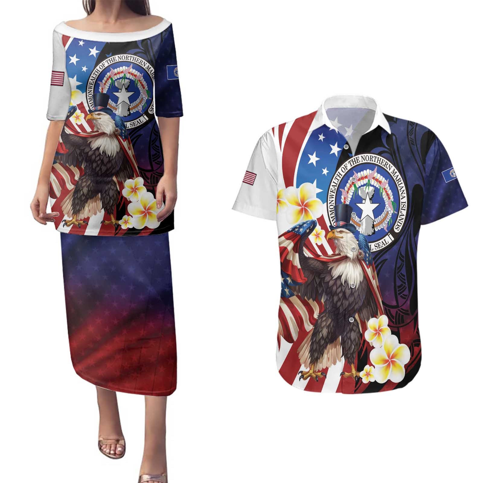 Personalized Northern Mariana Islands 4th of July Couples Matching Puletasi and Hawaiian Shirt Plumeria USA Eagle